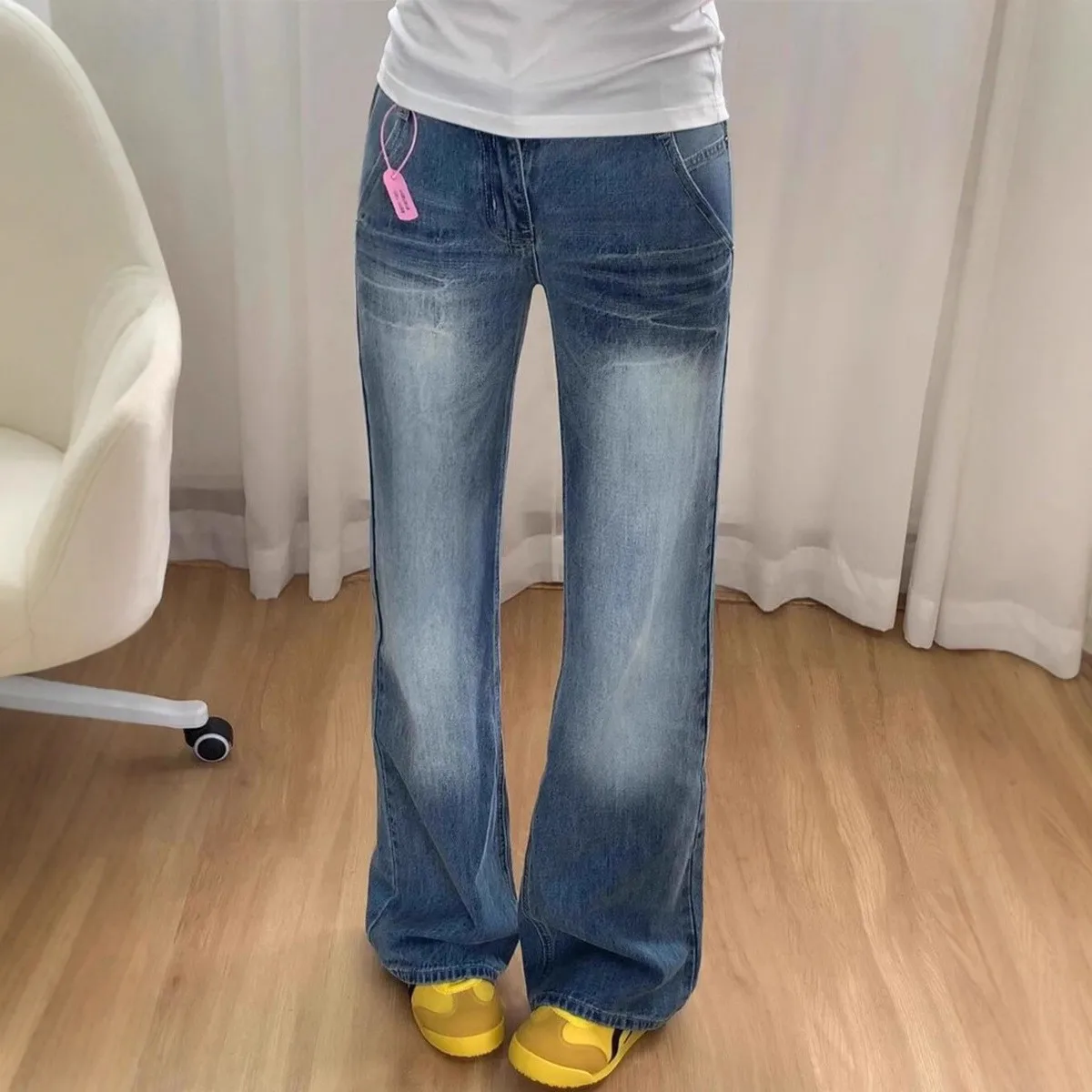 

Retro American Flared Jeans Women's Loose Slim High Waist Straight Leg Floor-Length Trousers Trendy Casual Cotton Zipper