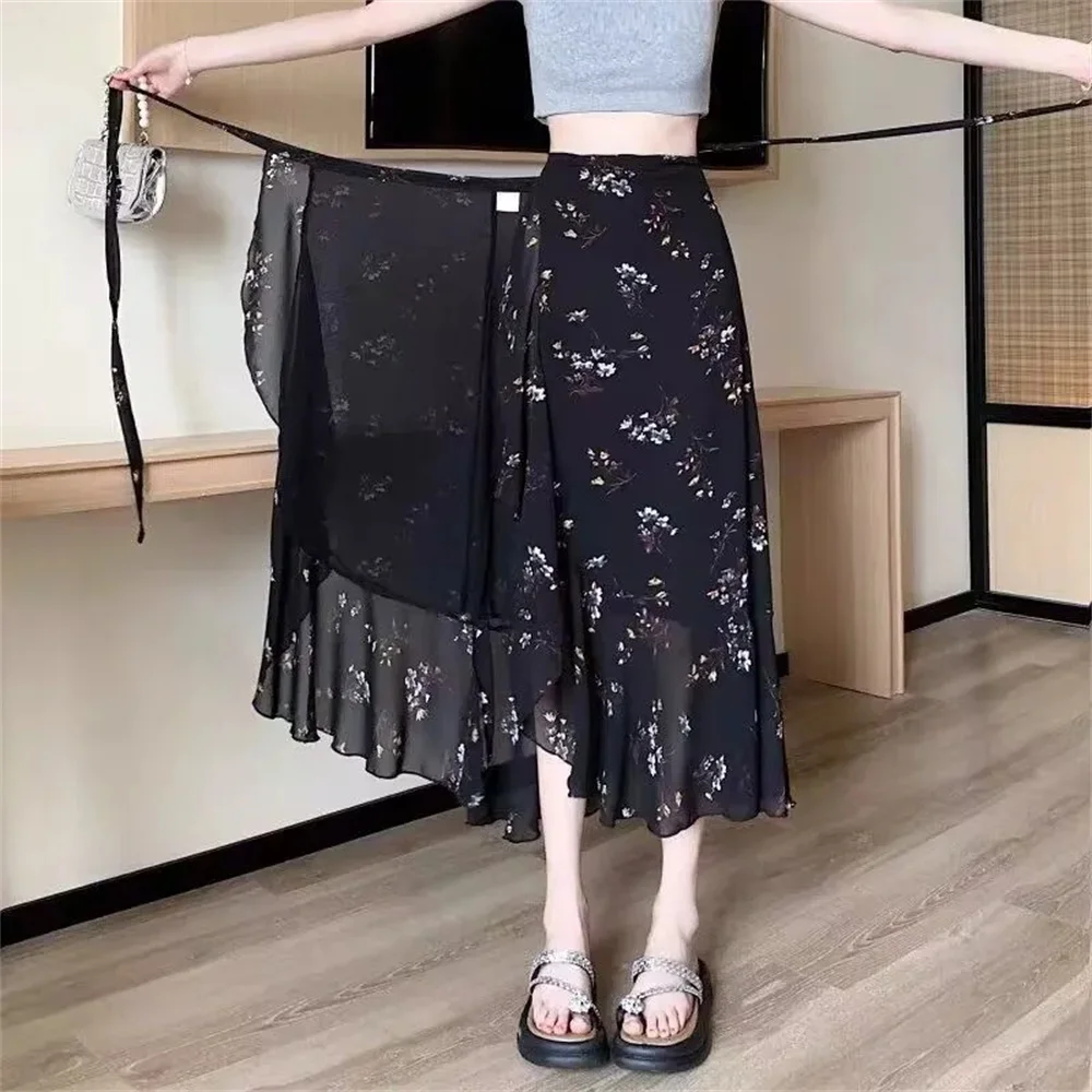 Sun Protection Ruffle Floral Skirt Women'S Sweet Style Beach Skirt Asymmetrical Hemline Bell Sleeve Chiffon Wrap Skirt 2026