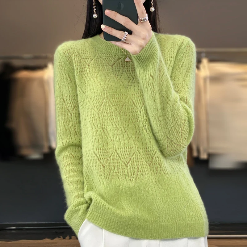 Spring Autumn New 100 Woolen Sweater Women\'s Low Round Neck Pullover Knitted Hollow Out Thin Solid Color Bottom Loose Top Trendy