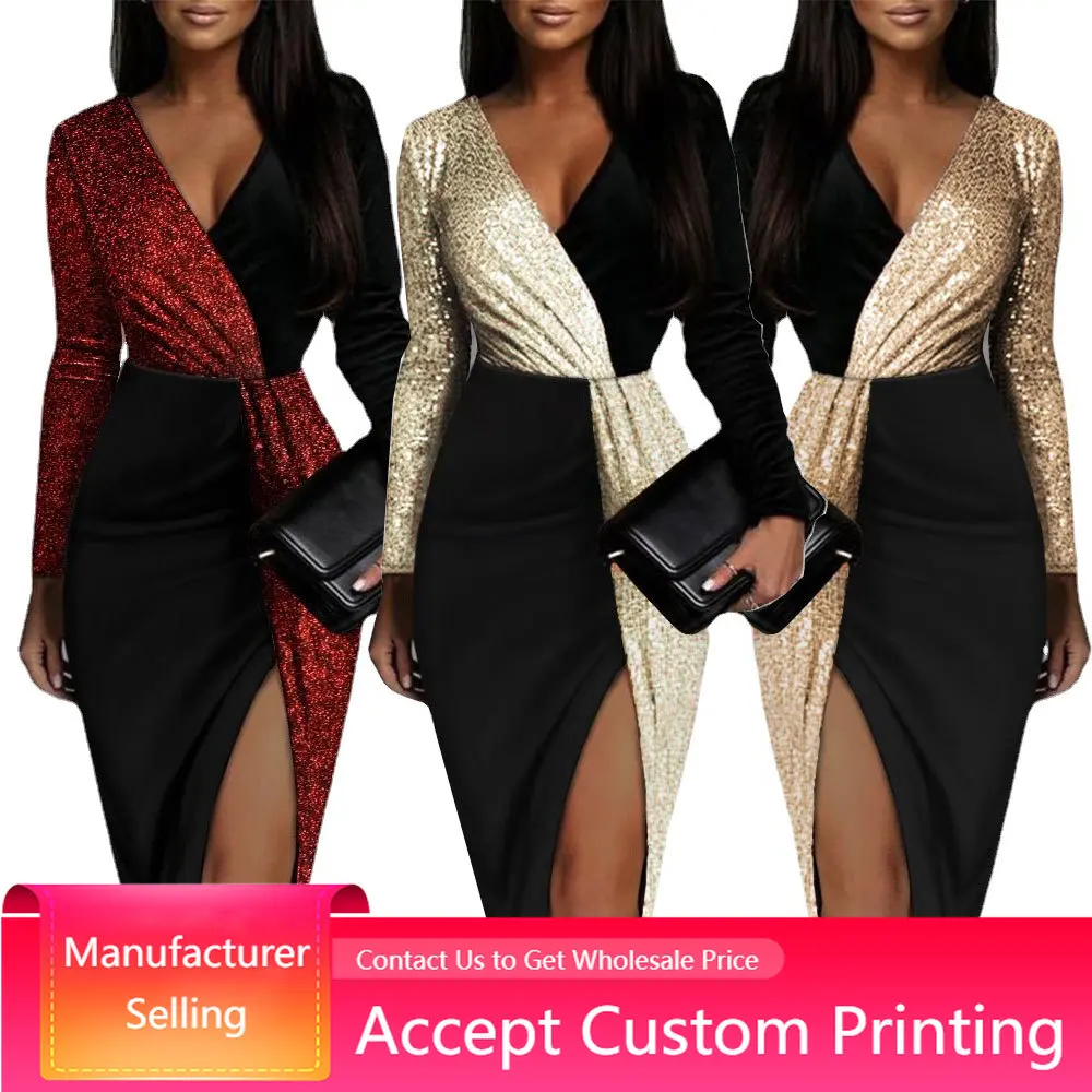 

Womens Dresses Color-Blocked High Waist Party Evening Midi Dresses Sequins Long Sleeve Prom Slit Dress Deep V-Neck Dresses