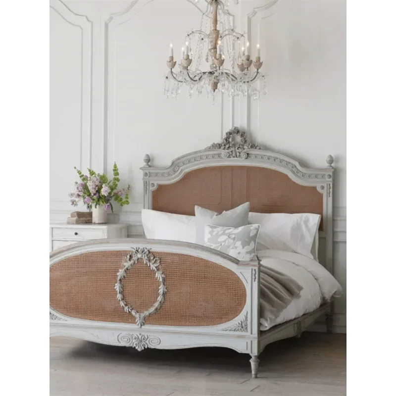 Retro old solid wood bed American bedroom rattan art wedding bed European court antique high-end carved princess bed
