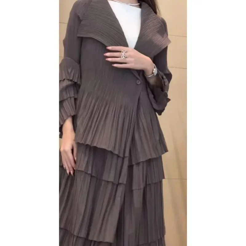 YUDX Miyake Pleated Spliced Ruffles Trench Coat Women Lapel Full Flare Sleeve Single Button Solid Color New 2023 Outwear Tops