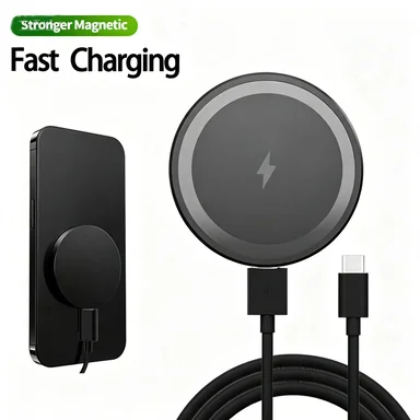 Carregador Sem Fio MagSafe 15W com Suporte Magnético para Carregamento Rápido para iPhone 17 16 15 14 13 Pro Max Samsung S25 USB-C Fino Portátil