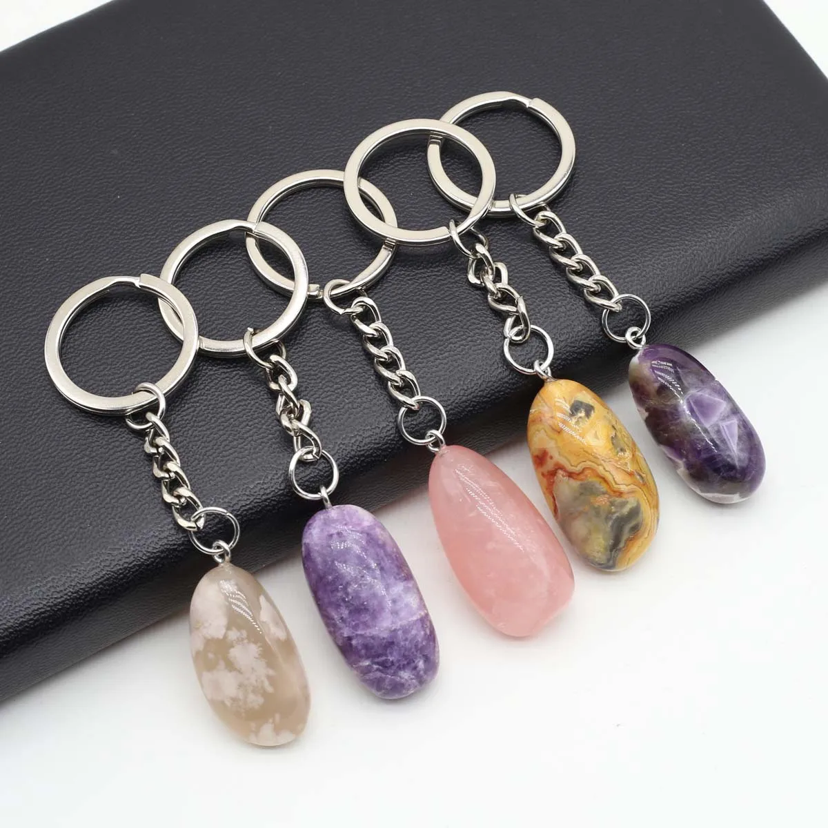 Natural Raw Ore Keychain Gem Reiki Healing Quartz Agate Citrine Irregular Stone Pendants Charms DIY Jewelry Making Accessorie