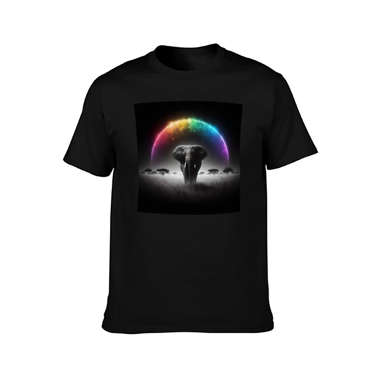 Monochromatic Elephant Within Rainbow Splash T-Shirt, Summer Casual Cotton Tee, Oversized Streetwear Tops, Vintage Graphic Print