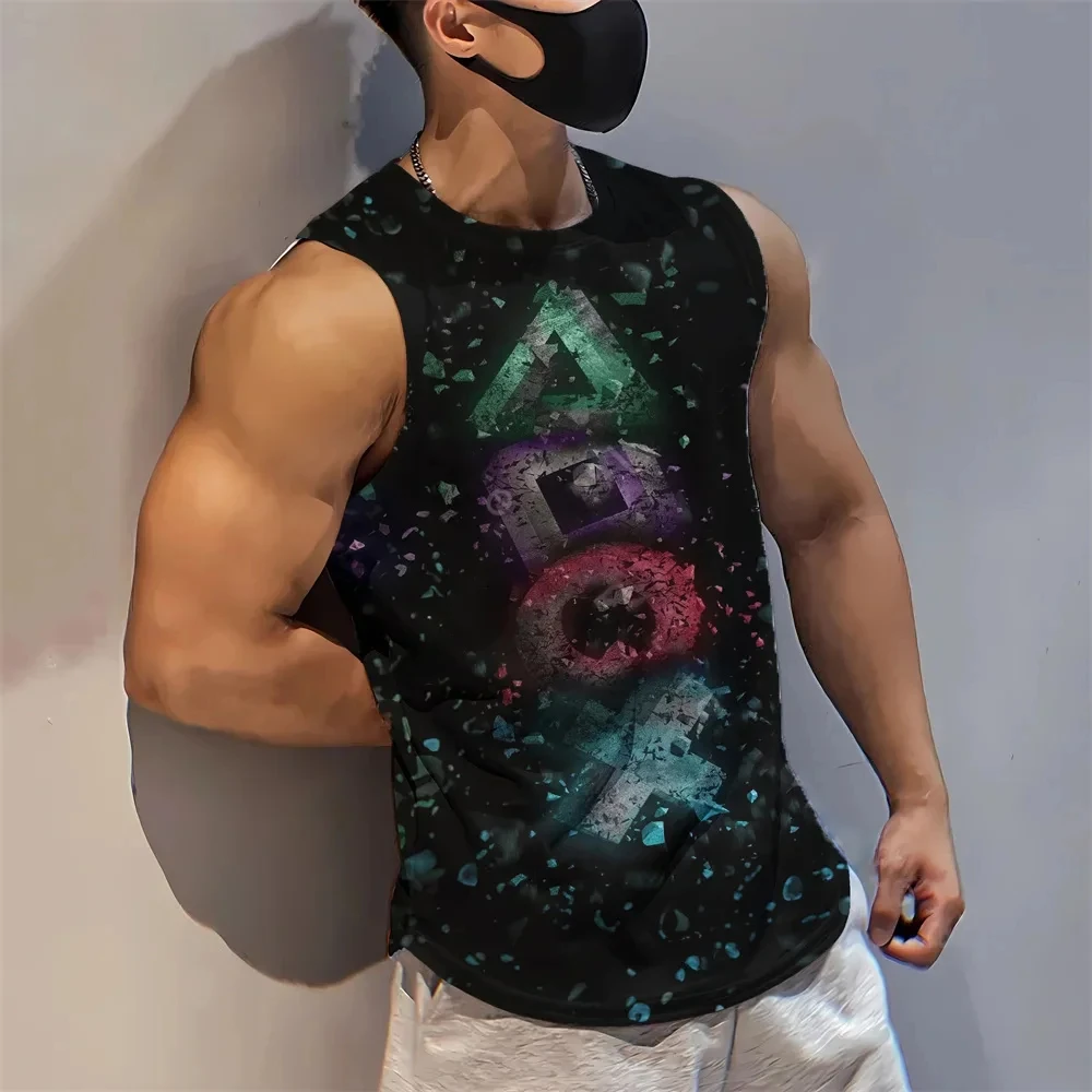 

Exaggerated men's sleeveless sports tops graffiti letters 3D printed pattern vest street cool big size men's clothing muscle man