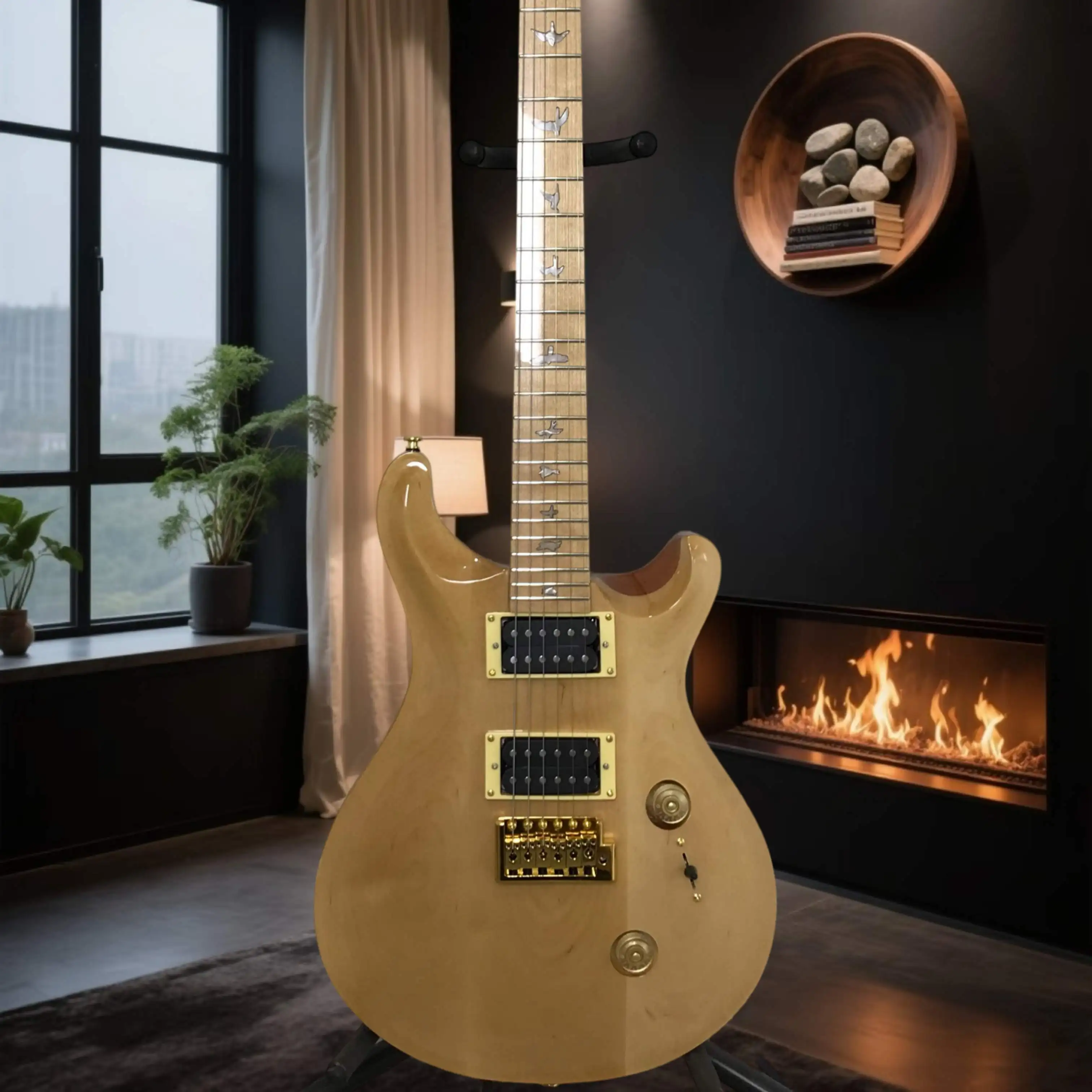 Natural Wood PRS Electric Guitar Full Tremolo Dual Humbucker Gold Hardware Versatile Tone Progressive Metal Jazz Stage
