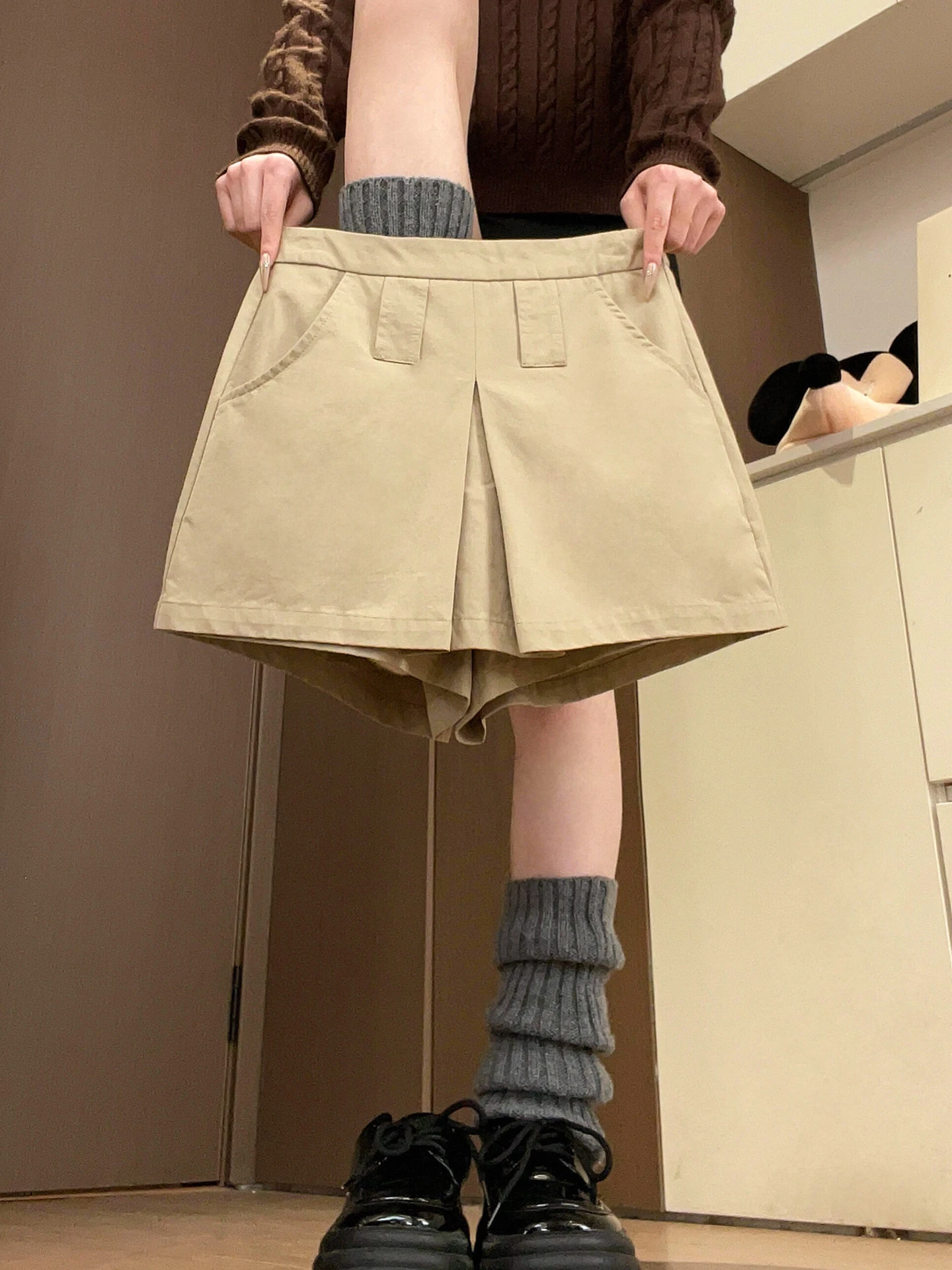 High Waist A-Line  Skirt for Women Khaki Workwear Commute Style plus Size Slimming Short Skirt Ladies Standard Fit Polyester
