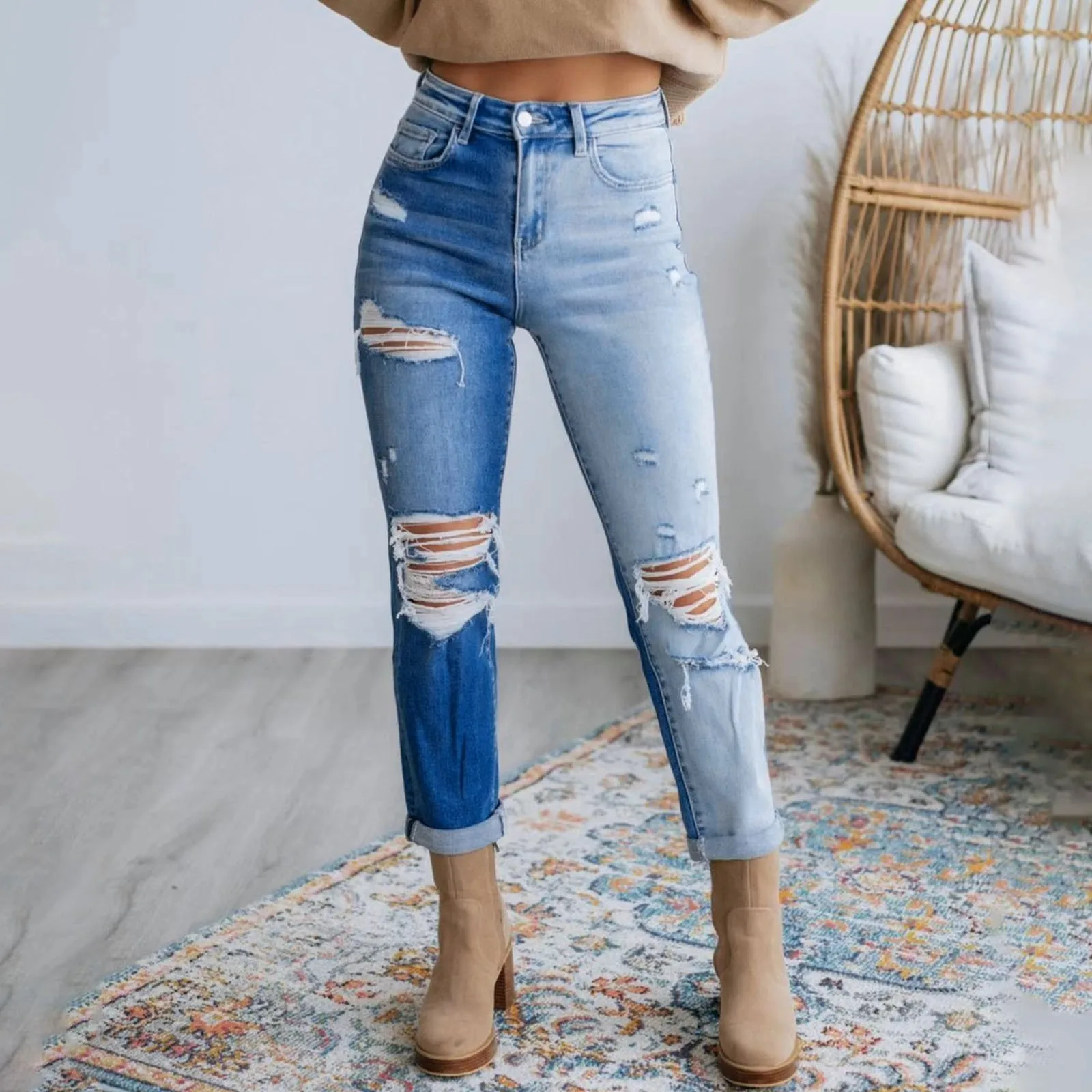 

Women's Stretchy Ripped Hole Trousers Slim Jeans Butt Lifting Distressed Denim Pants With Pockets Elastic Vintage Streetwear