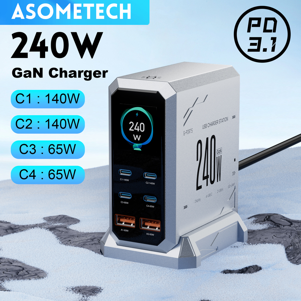  240W GaN Charger 6-IN-1 140W PD3.1 PPS USB Type C Digital Display Fast Charging Station for iPhone 16 15 MacBook Laptops Samsung