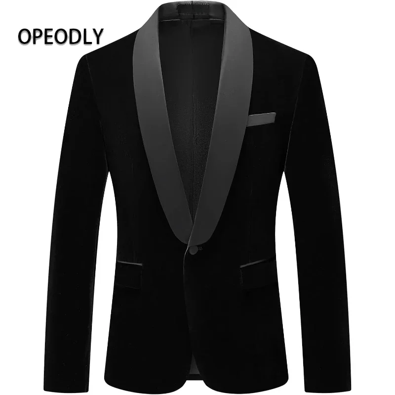

OPEODLY 2pcs Mens Velvet Slim Fit Tuxedo Suits Shawl Collar Solid Color Wedding Dinner Prom One Button Blazer Jacket Set