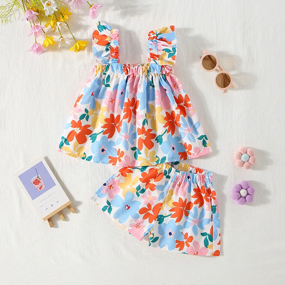 3 Months To 2 Years Old Summer New Beach Party Baby Girl Two-Piece Set, Colorful Floral Children\'S Clothes