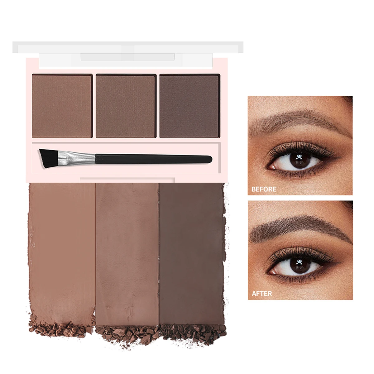 3-color brow powder palette, with brush, matte water and sweat resistant natural color brow powder long-lasting
