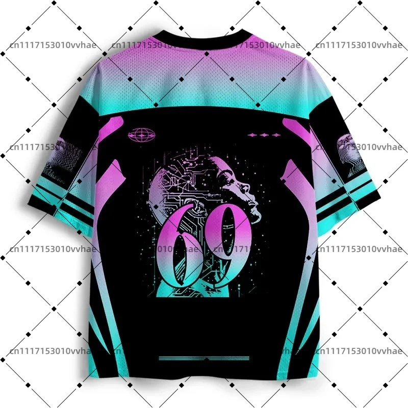 Soulisfree Go With The Flow Mesh Jersey Design Digital Print V-Neck T-Shirt Comfortable Sports Short Sleeve