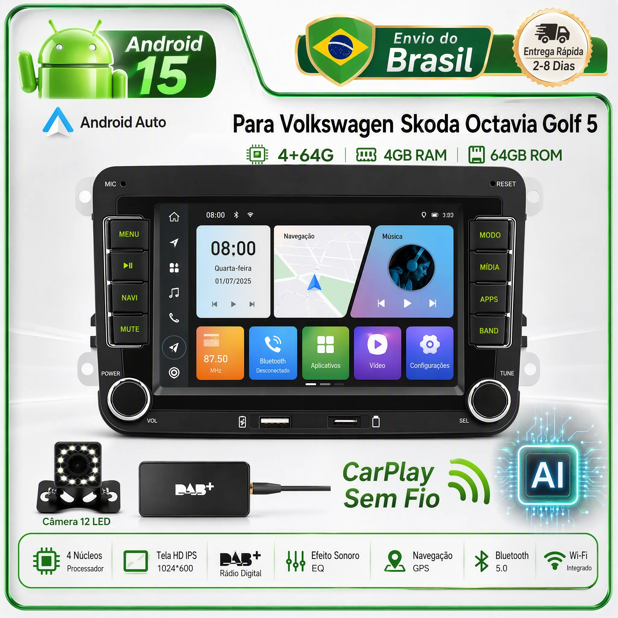 ESSGOO Central Multimídia Android 15 64GB Carplay WiFi GPS