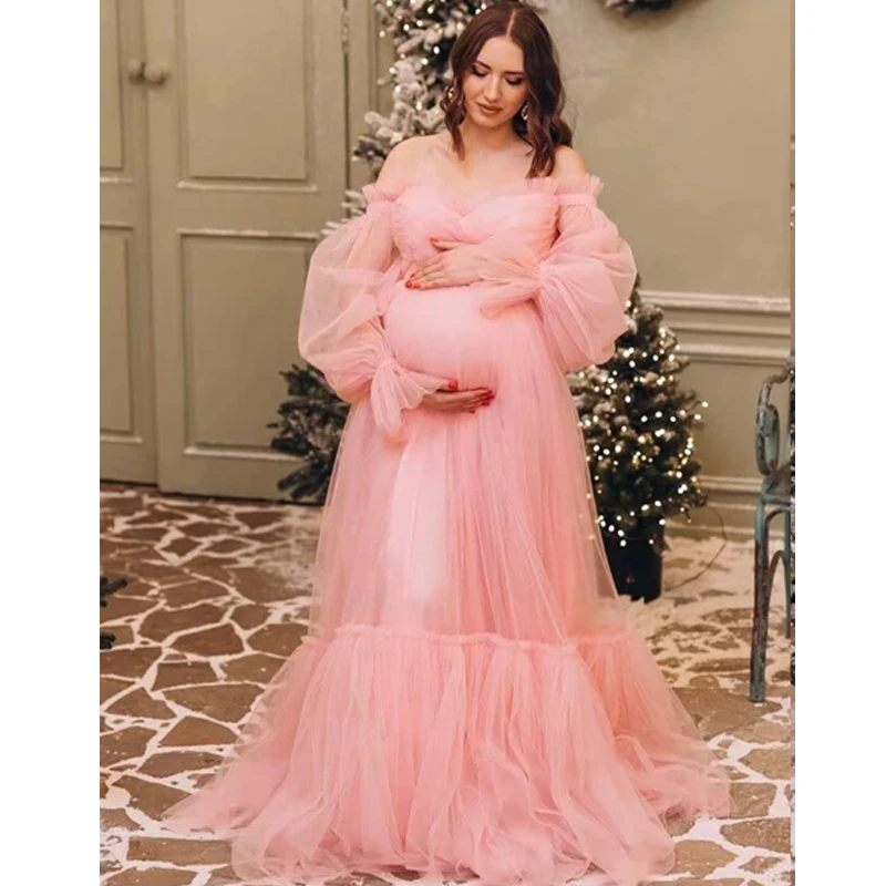 Puffy Sleeve Maternity Dress Tulle Robe With Underskirt for Photoshoot Off Shoulder Pregnancy Baby Shower Gown