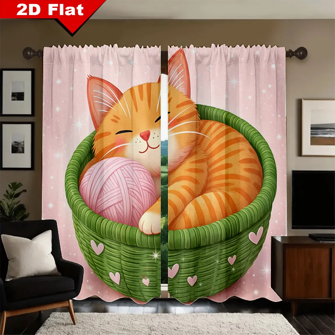 Whimsical Cat in Basket Curtain Window Drapes Kawaii Nursery Room Decor Pastel Art Kitten Yarn Spring Living Room Light Filter
