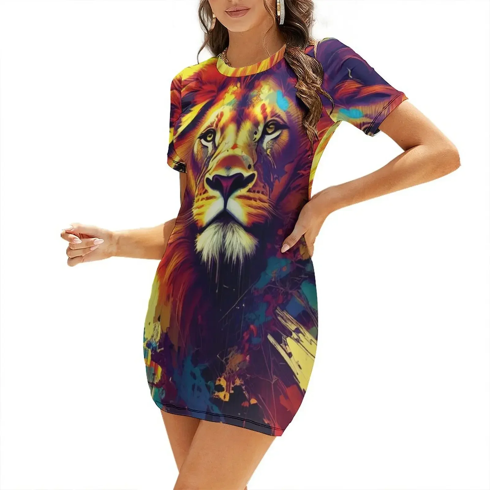Arte abstracto de leones: colores llamativos y diseño cautivador, vestido de manga corta, vestidos africanos para mujer, conjuntos elegantes para mujer