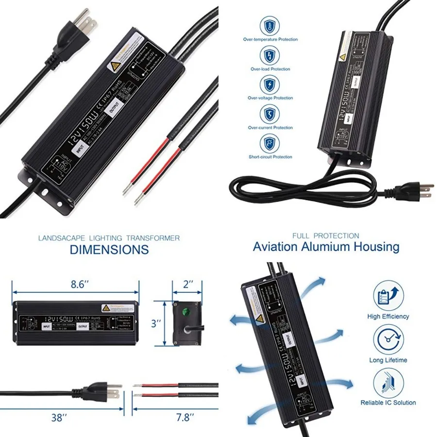150W LED Driver Waterproof IP67 Power Supply, Constant Voltage 120V to 12V Transformer for LED Light Indoor/Outdoor Lights and