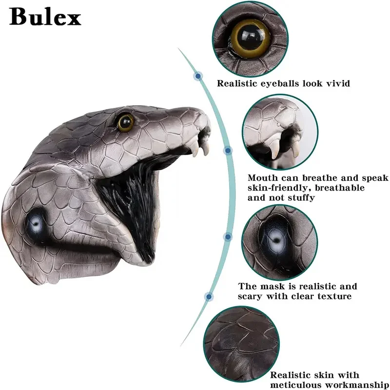 Bulex Maschera di serpente raccapricciante Maschera di animale con testa di cobra spaventosa realistica per costume di travestimento di carnevale cosplay di Halloween