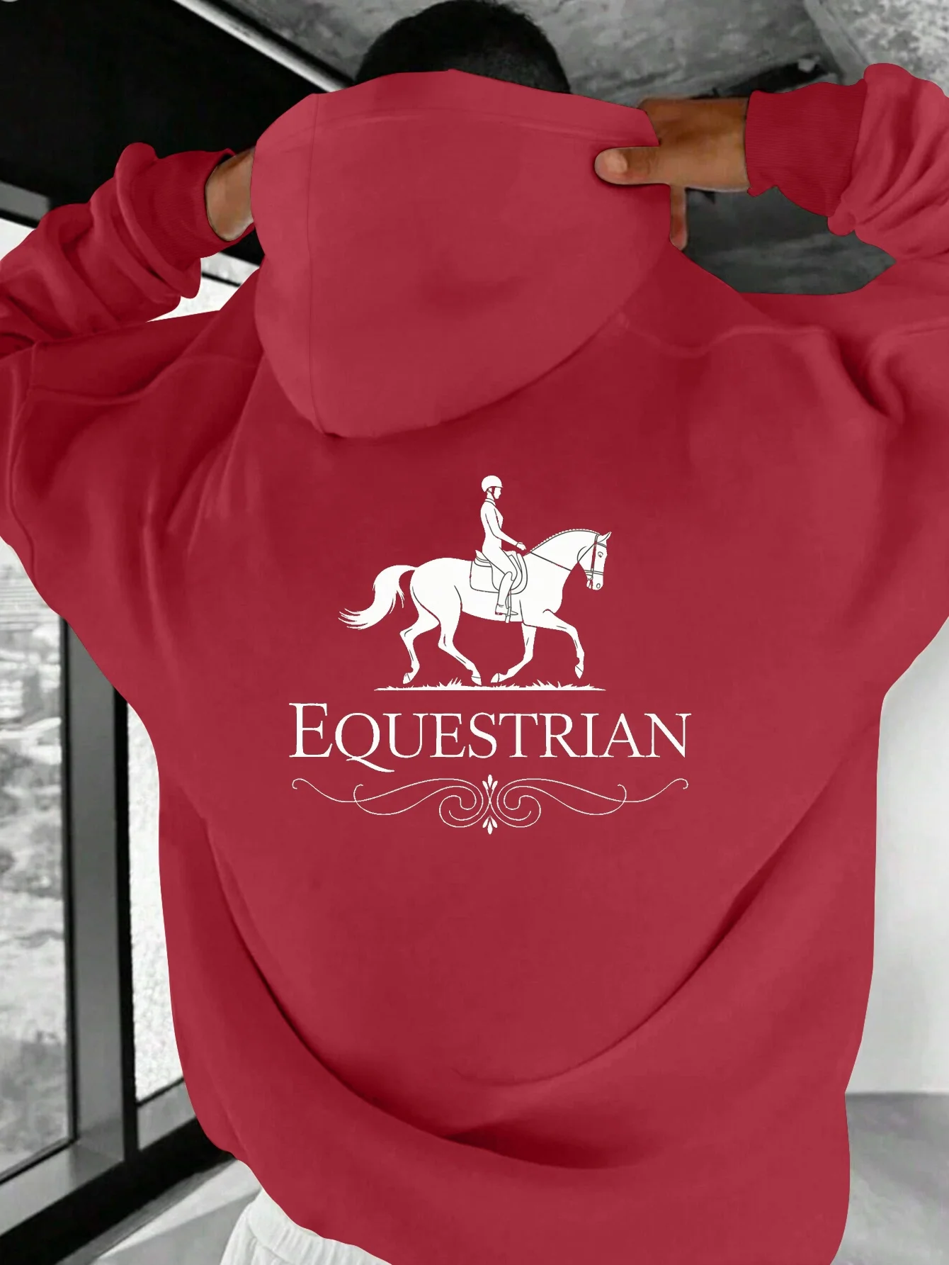 Men's Plus Size Equestrian Horse Rider Hoodie - Casual Loose Fit, Long Sleeve, Green with White Equestrian Print, Polyester