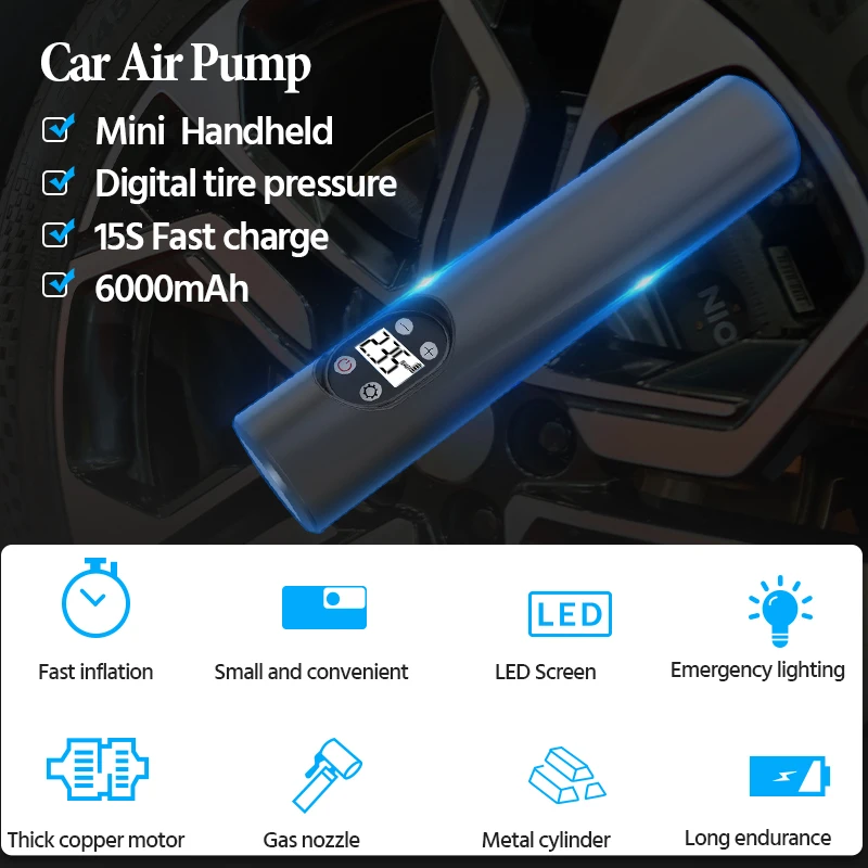 Portable Tire Inflator Air Compressor Car Air Pump Rechargeable Battery Car Tyre 150psi mini handheld 15s fast charge 6000mAH