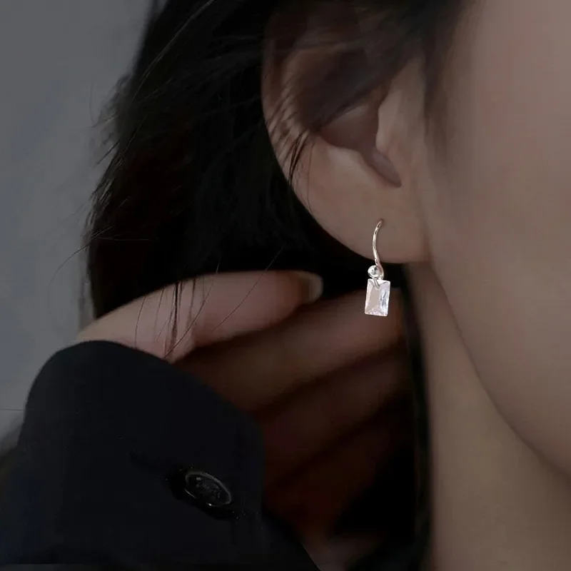 

925 Sterling Silver Geometric Charming Zircon Droplet Square Drop Earring for Women Fine Jewelry High Luxury Vintage Accessories