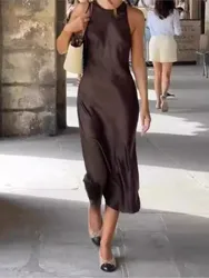 Women's Elegant Satin Sleeveless Midi Dress Fashion Solid Color O Neck Slim Fit Dresses Female Stylish Street Party Vestido 2024