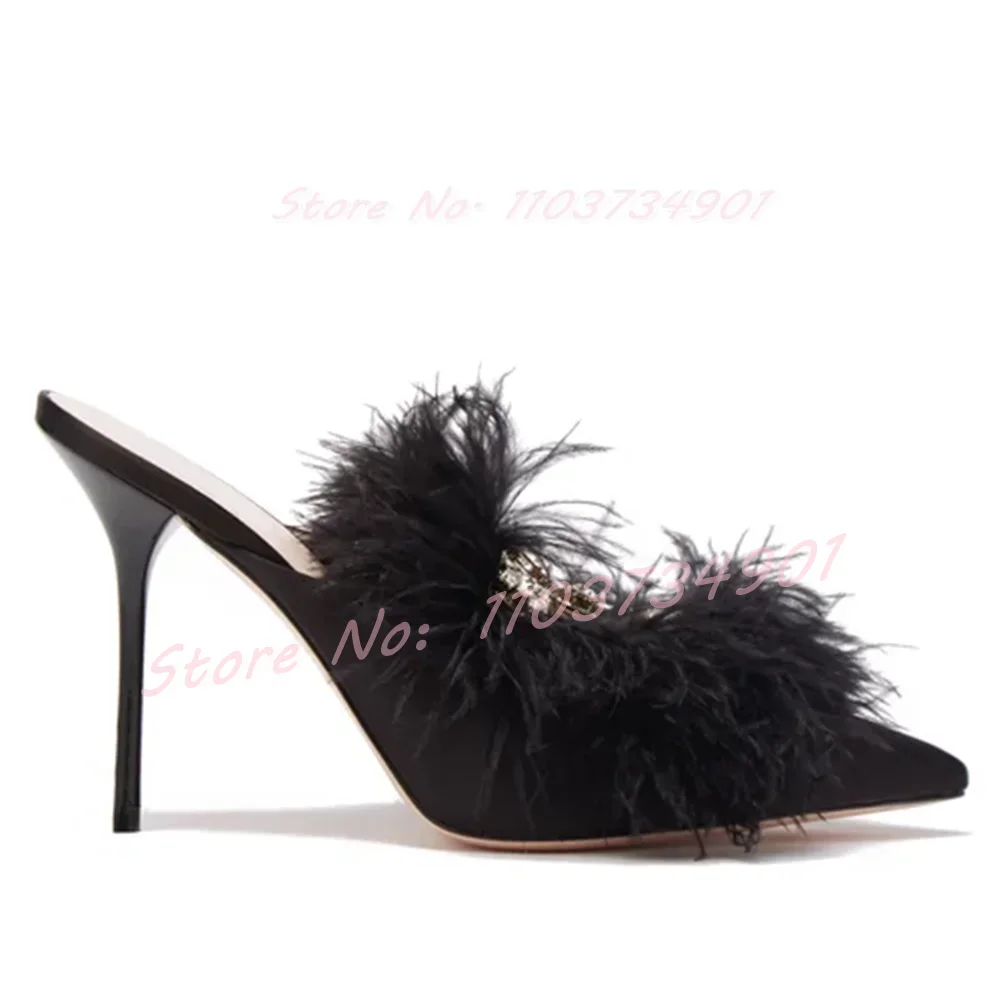 Crystals Pink Satin Outdoor Furry Slippers Female Elegant Pointy Toe Thin Heels Mules Women Party Sexy Casual Fashion Slippers