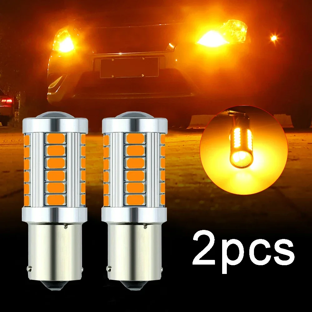 2pcs Amber Yellow LED Car Canbus No Error Turn Signal Lights 1156 BAU15S PY21W 33SMD Brake Tail Reverse Bulb Rear Warning Lamp