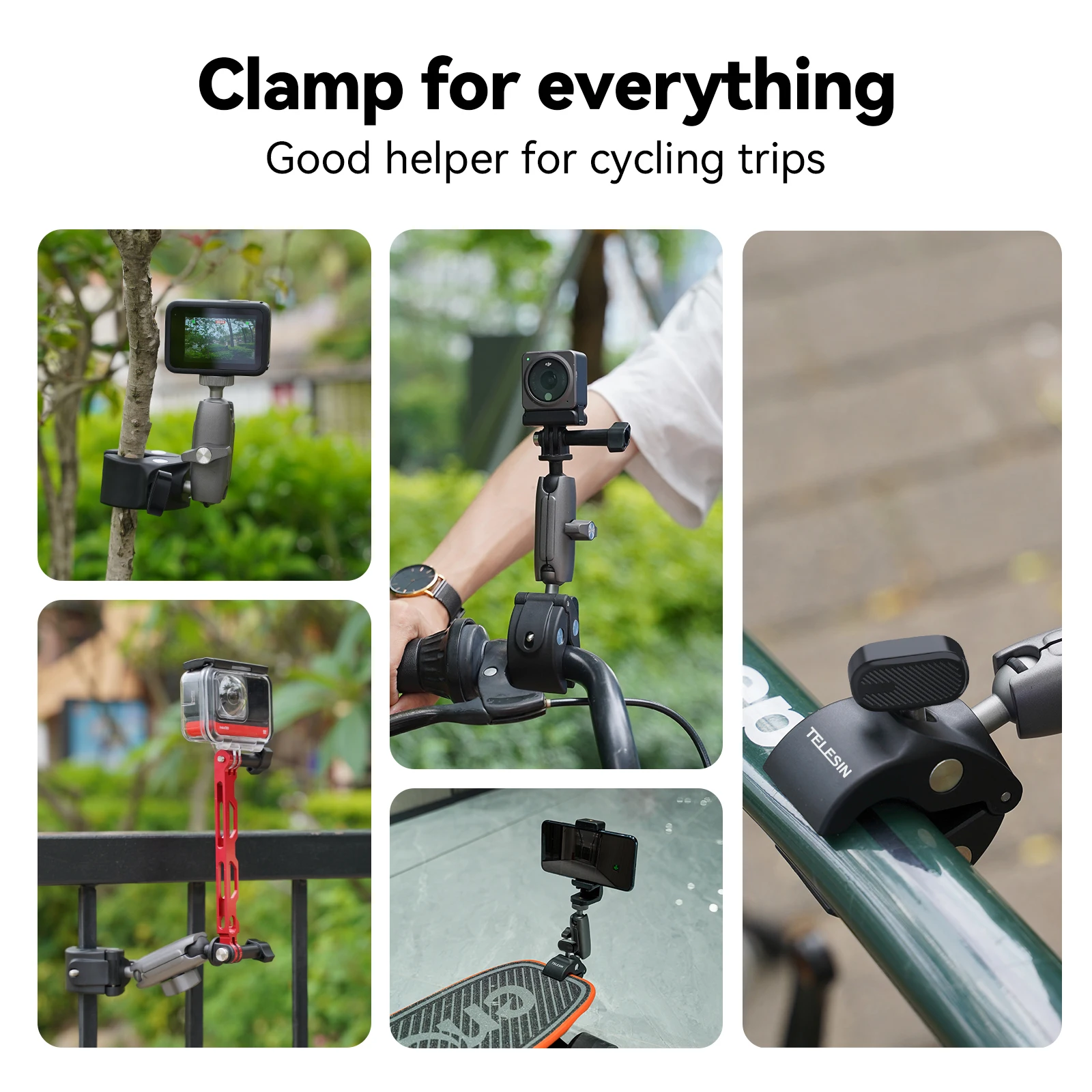 TELESIN Motorcycle Bicycle Rail Mount Clamp with 360 degree Ball Mount Clip For Gopro Hero DJI OSMO Action Insta 360 For Phone