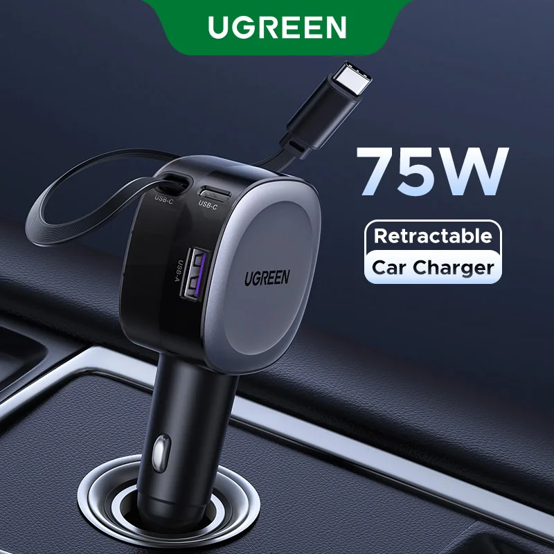 UGREEN 75W Car Charger 2 in 1 Retractable Cable SCP 25W QC PD 30W Fast Car Phone Charger For iPad iPhone 16 15 14 13 Pro Samsung