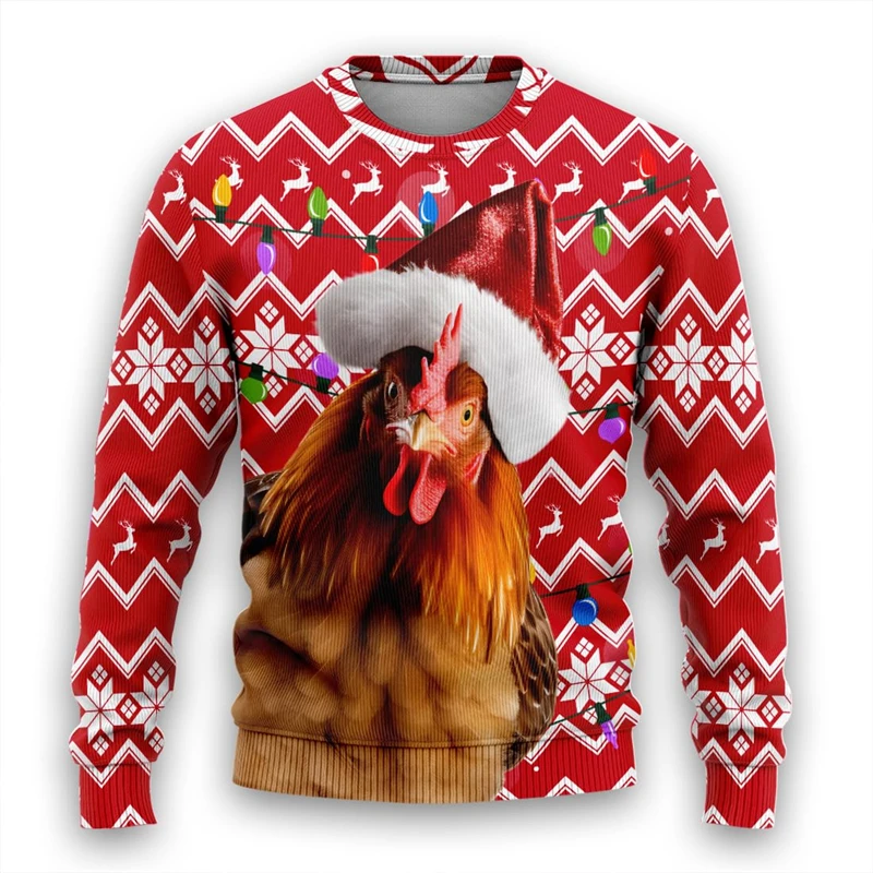 Sweat-shirt de noël moche en forme de poulet pour femmes, vêtements amusants avec graphique de coq, pulls unisexes décontractés, hauts à manches longues