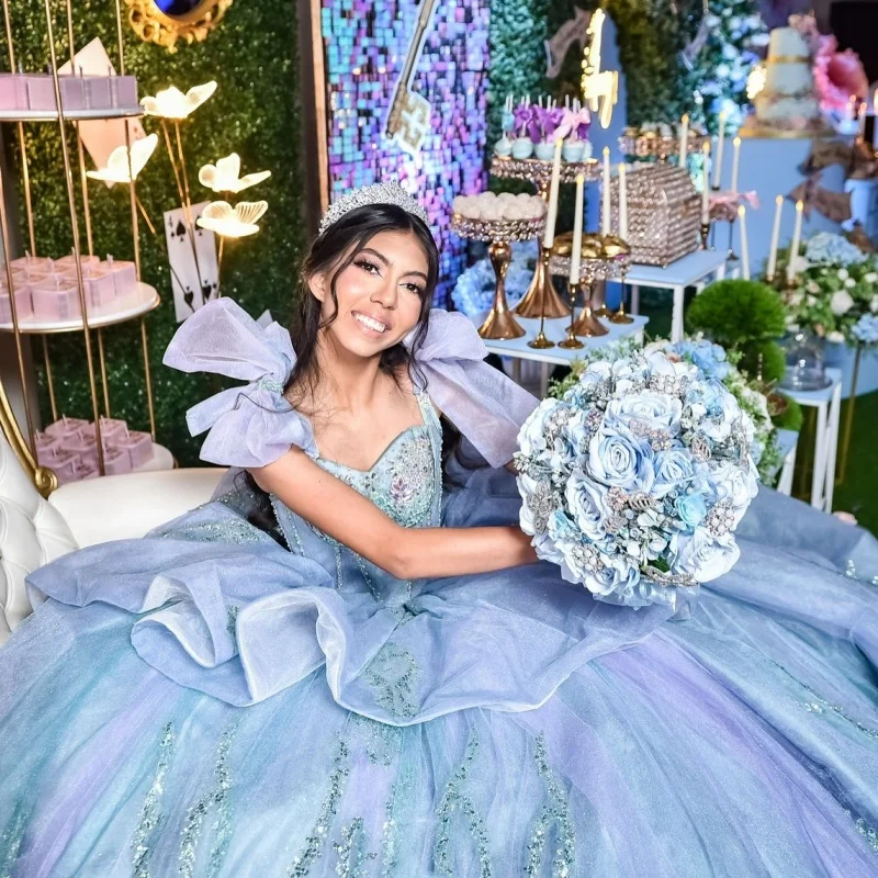 

aqua blue Off Shoulder Quinceanera Dress Tull glitter decal Lace layering crystal Bow vestidos de 15 Quinceanera ﻿Customized