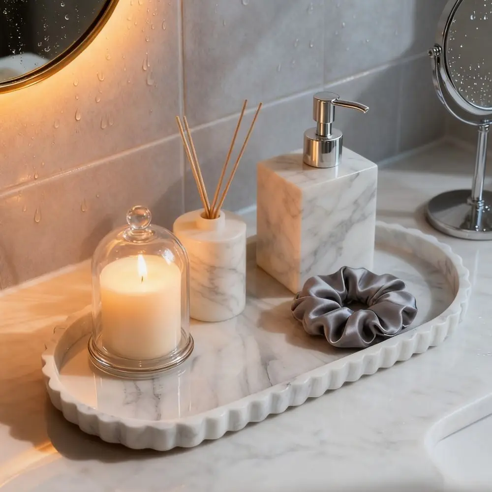 

Durable Silicone Oval Storage Tray Marble Pattern Wave Edge Lace Oval Tray Decorative Vanity Storage Tray Living Room