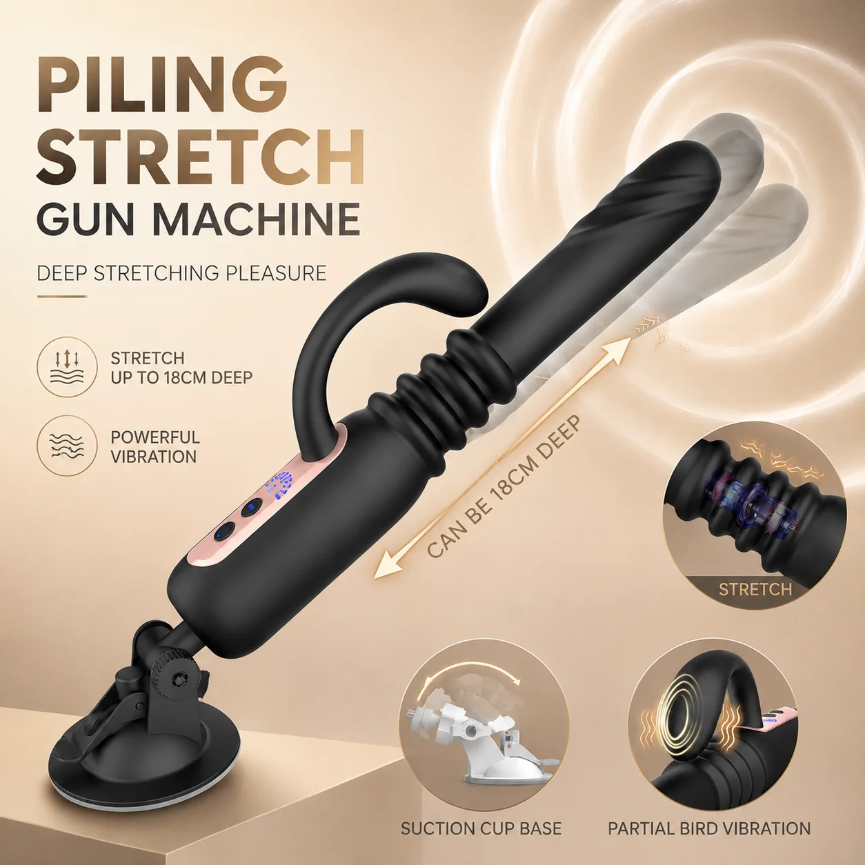 Close-up of 30mm auto stretch feature with telescopic movement and smooth silicone texture