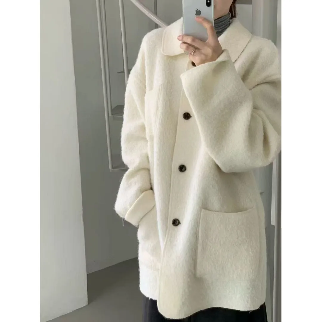 Abrigo de lana para mujer, corte holgado, informal, con cuello vuelto, patrón circular, otoño e invierno, nuevo abrigo versátil para ir al trabajo