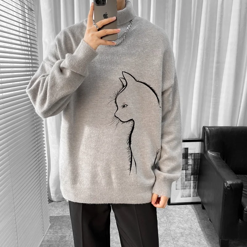 

S-5XL Autumn and Winter Men's New Bottom Long Sleeve Sweater High Neck Thickened Loose Cat Printing Casual Men's Pullover