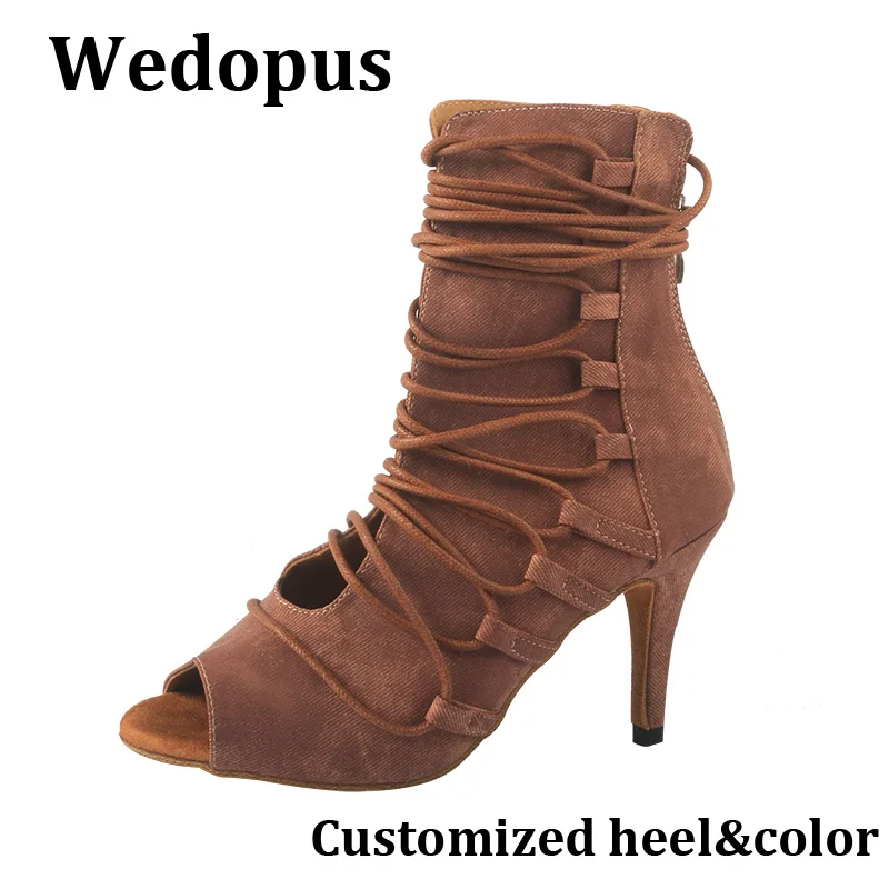 Wedopus Customized Heel Tan Color Ankle Dance Boots Lace-up 8.5CM Peep Toe Ballroom Dancing Boot for Woman with Zip