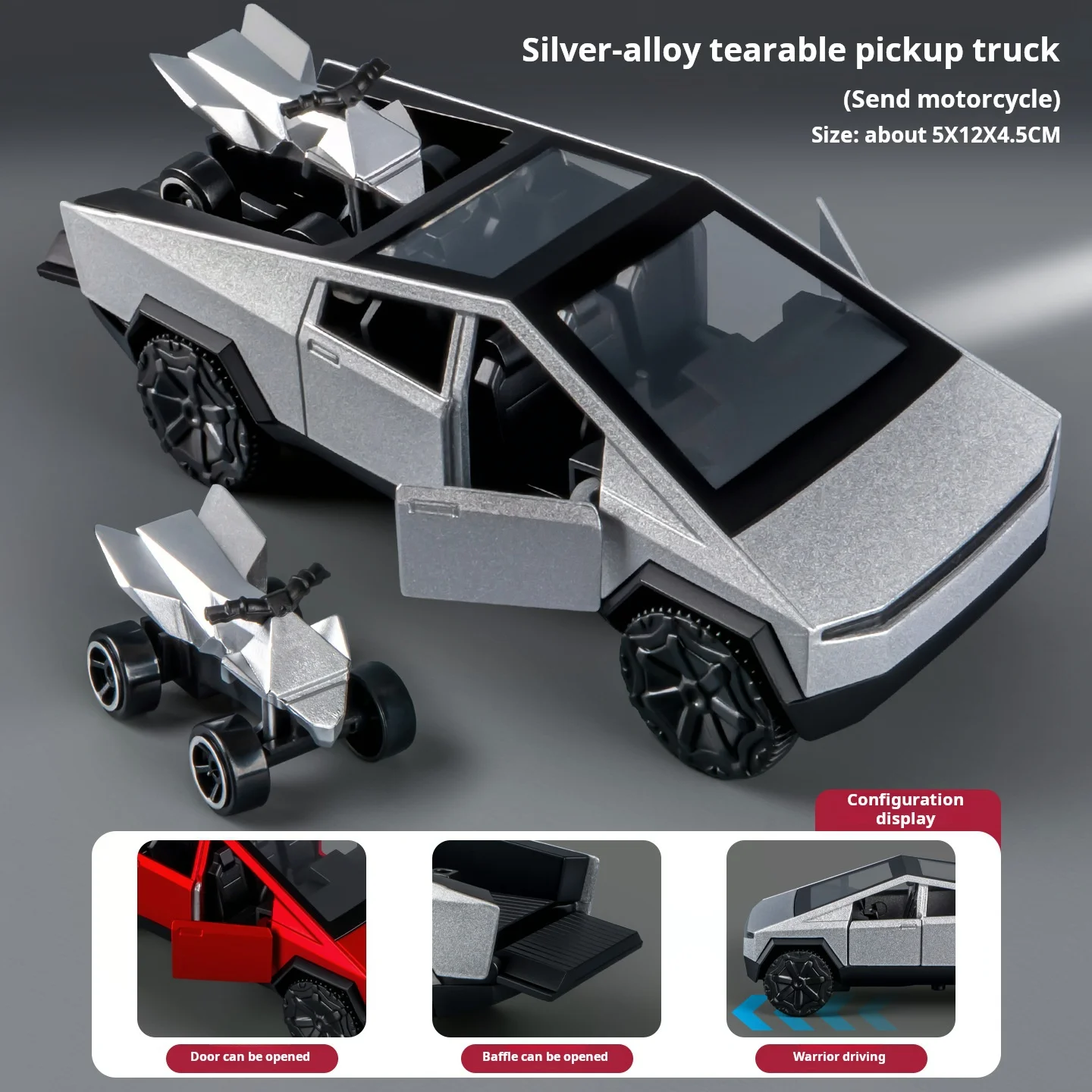 1:32 scale futuristic electric pickup truck model, die-cast alloy toy with towing function. Mini off-road vehicle.