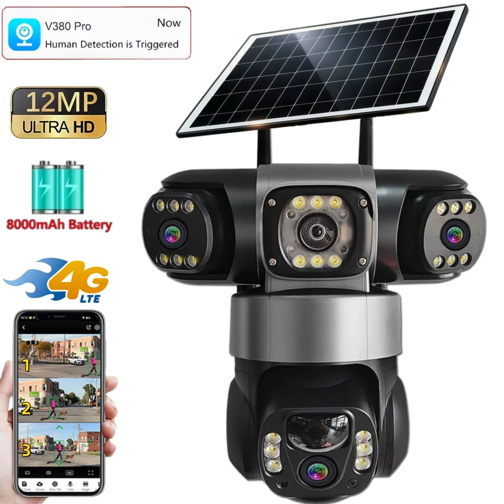 12MP Solar Camera 4G Outdoor Camera 3 Lens 3 Screen 10X Zoom