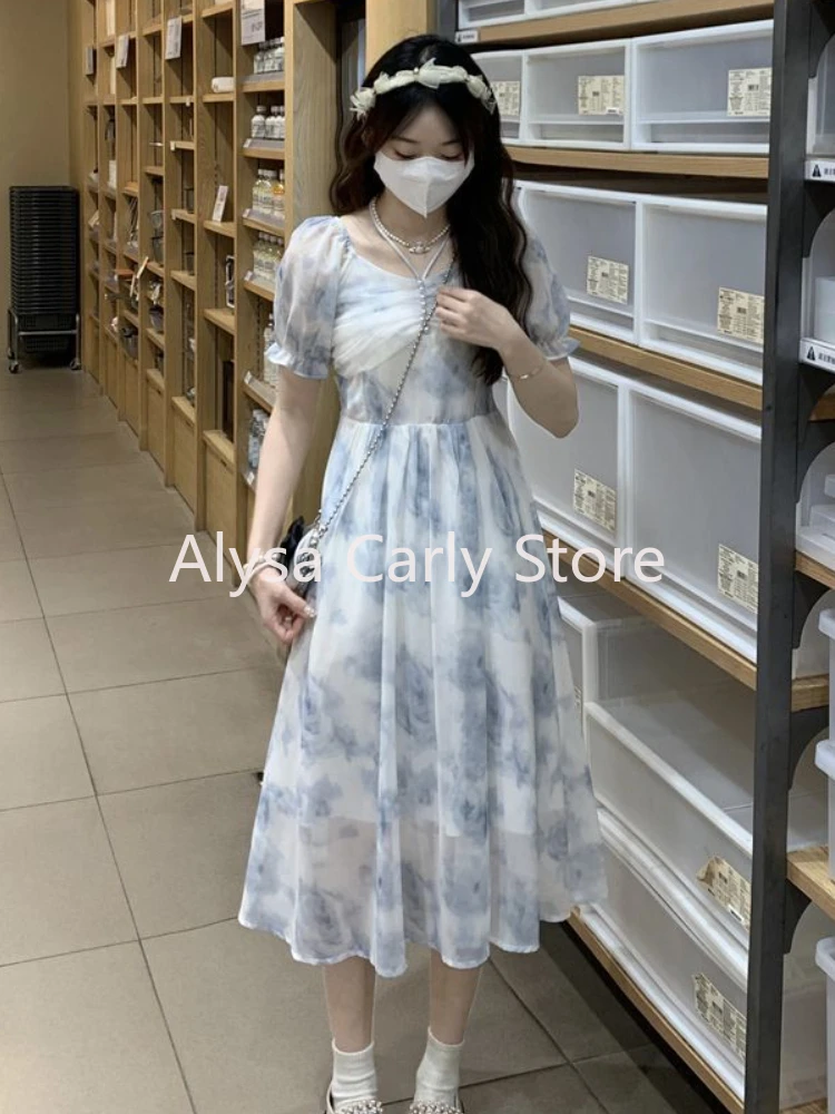 Casual Elegant Long Floral Dress Women Puff Sleeve Vintage Korean Fairy Dress Female 2024 Summer Beach Vacation Party Dress Chic