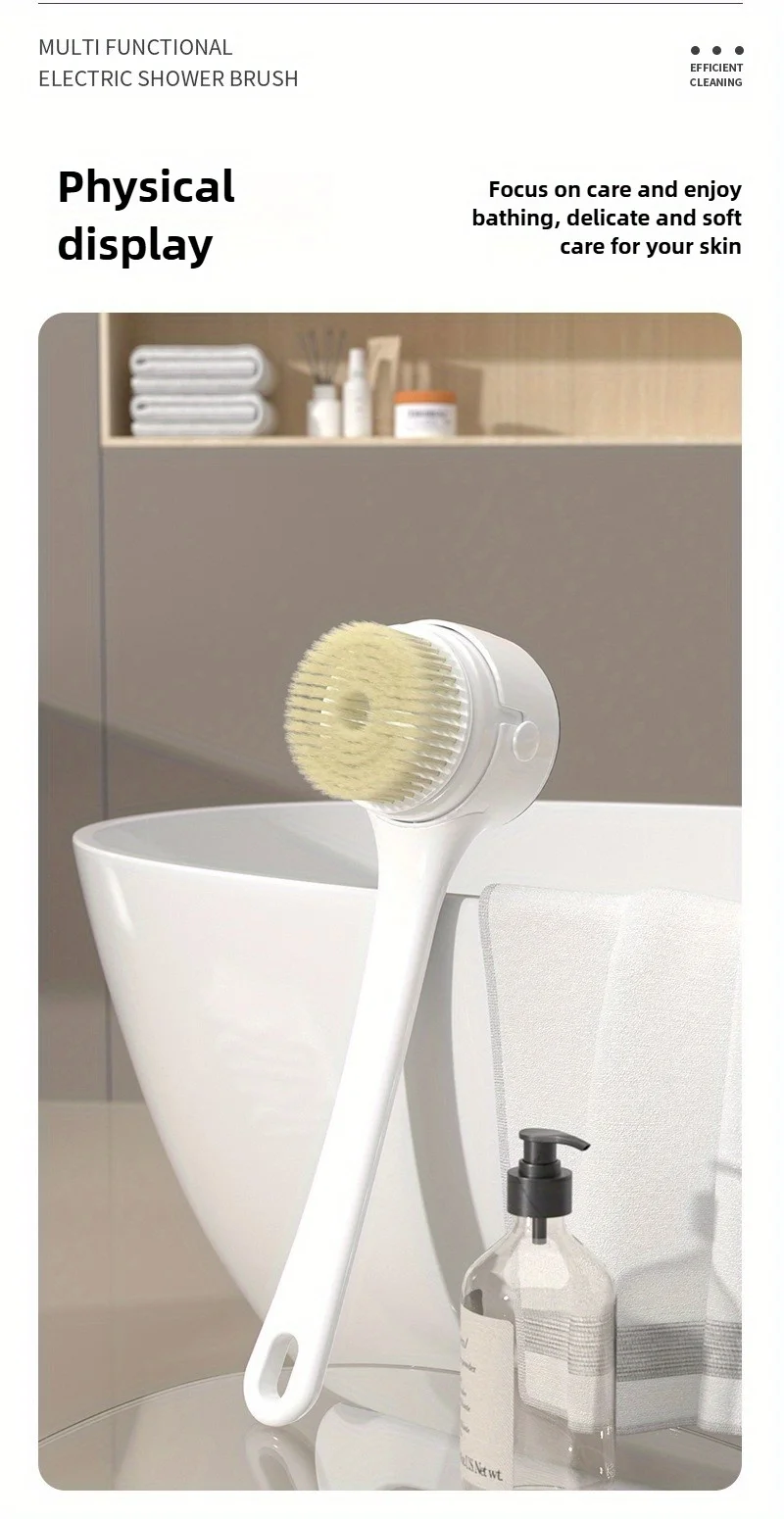 Electric Shower Brush LED Display Rotating Multifunctional Shower Brush 5 Brush Heads 3-Speed Detachable for Back Face & Shower