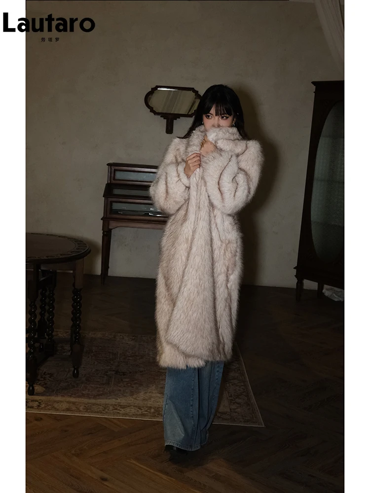 Lautaro Autumn Winter Long Casual Luxury Soft Thick Warm Hairy Faux Fox Fur Coat Women Loose Fluffy Furry Overcoat Outwear 2024