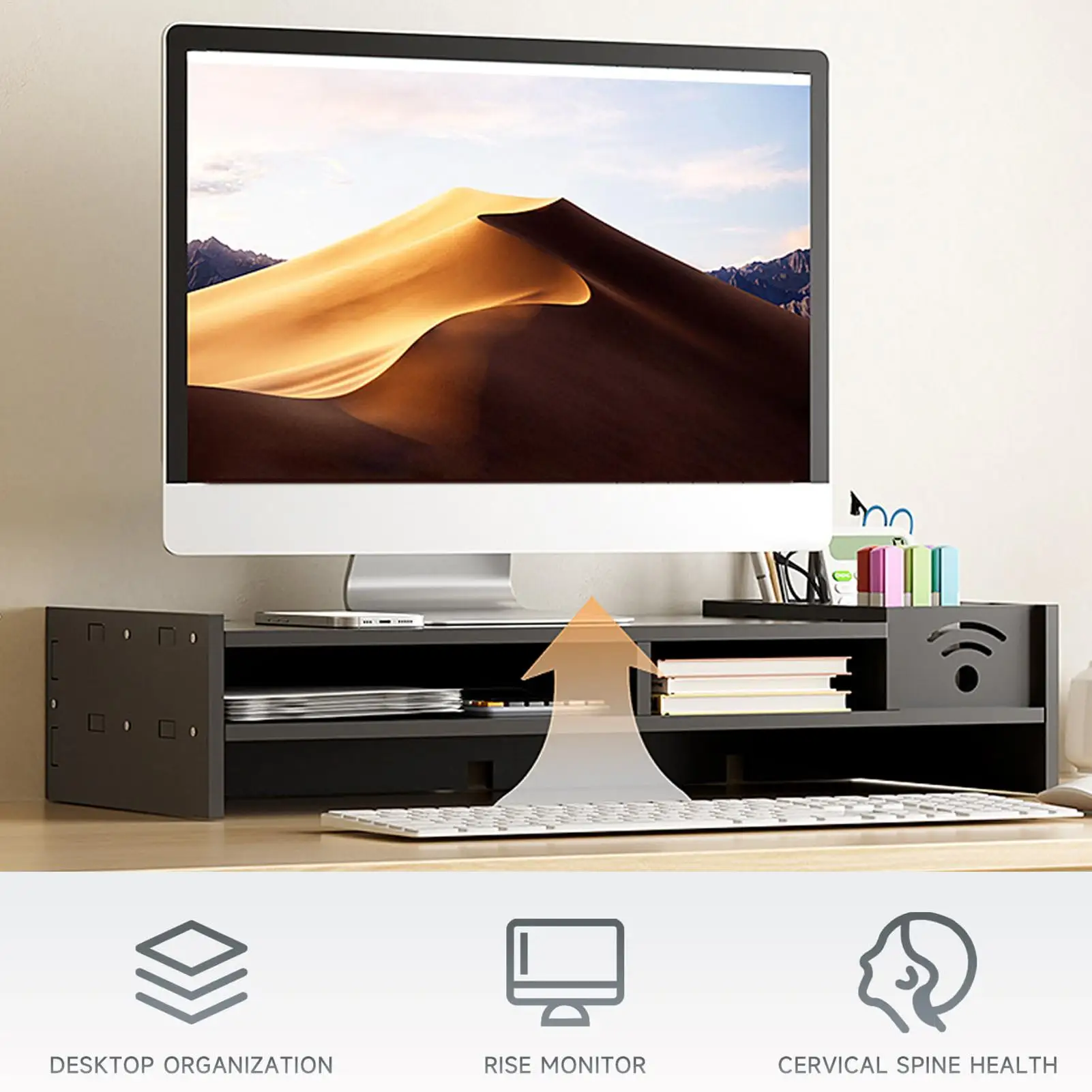 Fotografia 3: Suporte Ergonômico para Monitor de 2 Níveis com Prateleira de 4,3 Polegadas de Altura e Organizador de Armazenamento para Mesa e Laptop