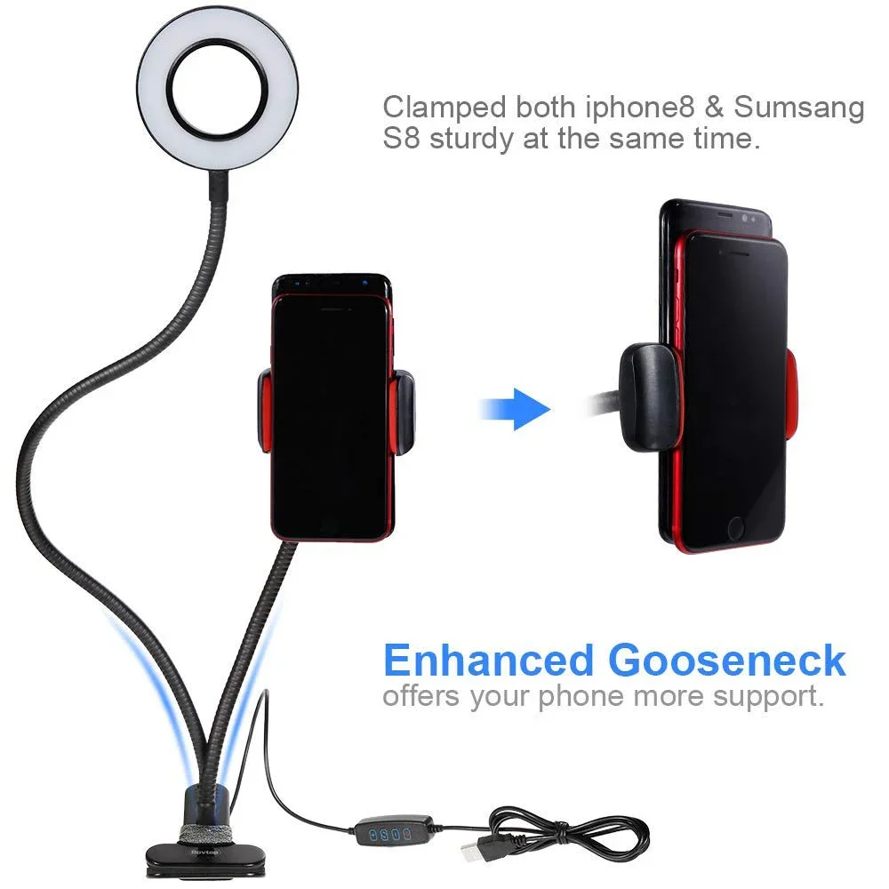 

USB Recharging Light Clip with Cell Phone Holder Flexible Dimmable Make Up Lamp Desk Table Lamp Photo Studio LED Selfie Ring