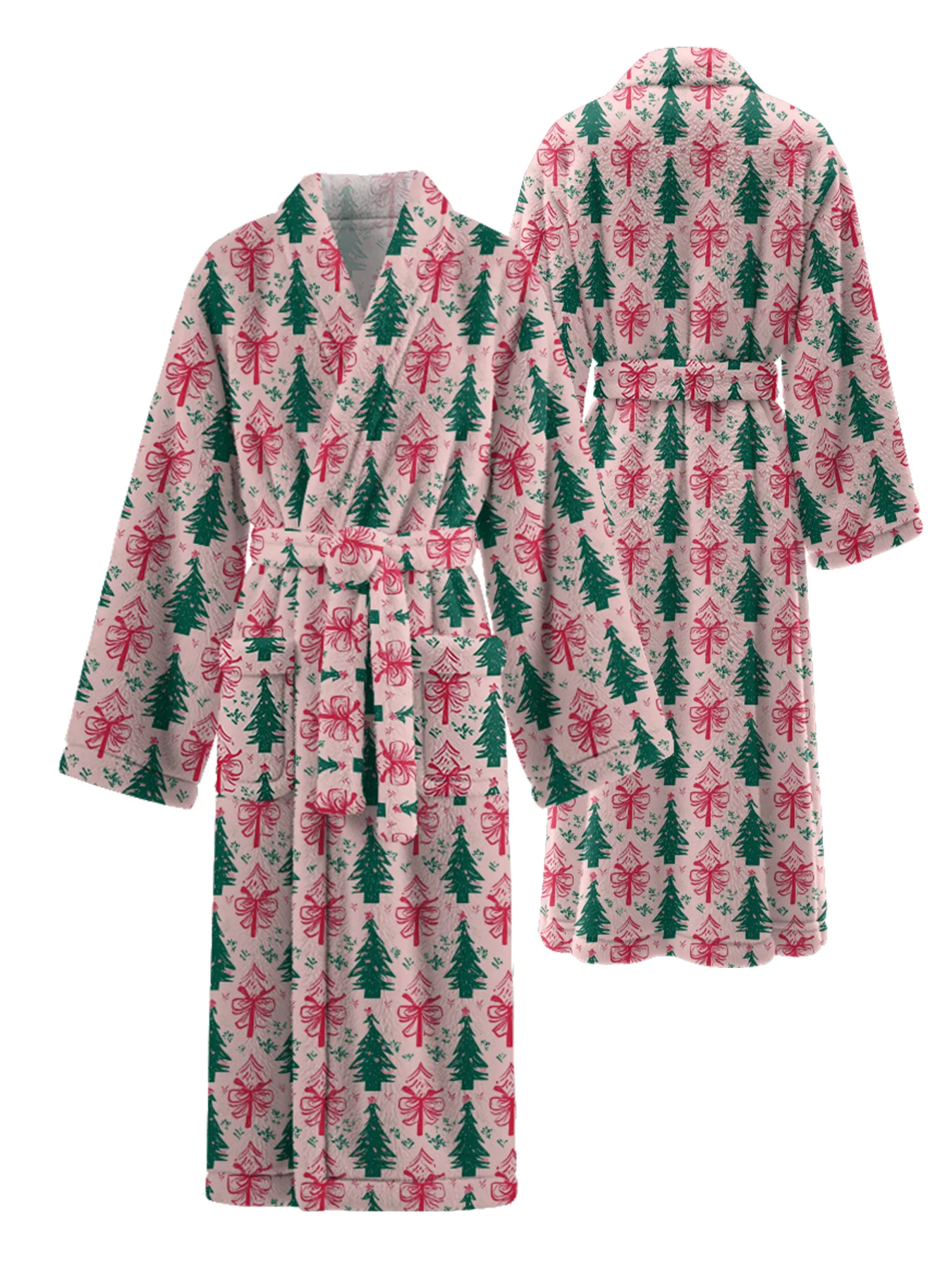 

Элегантный рождественский халат, праздничный зеленый сосновый халат, красный бант, карманы, длинный плюшевый халат с поясом, праздничная одежда для дома, уютный домашний сезонный комфорт