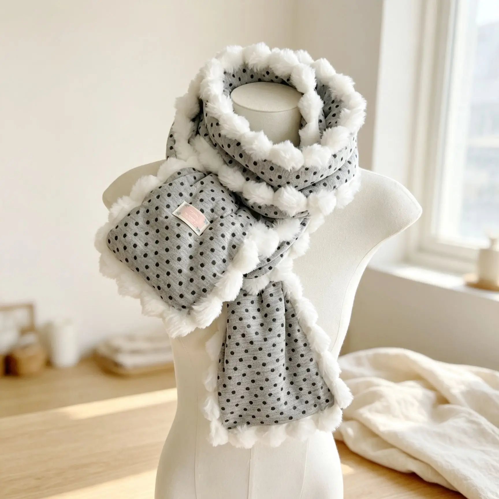 Winter Women Warm Polka Dot Pom Pom Scarf Cute Sweet Simple Casual Neck Warmer Outdoor Windproof Shopping Dating Daily Scarf