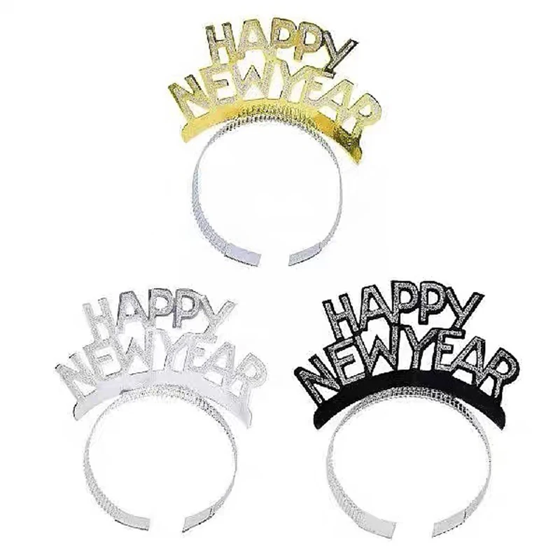 Happy New Year Headband Gold Silver Black Aluminum Children Adult Tiara Christmas New Year Headband Hair Accessories Decorations