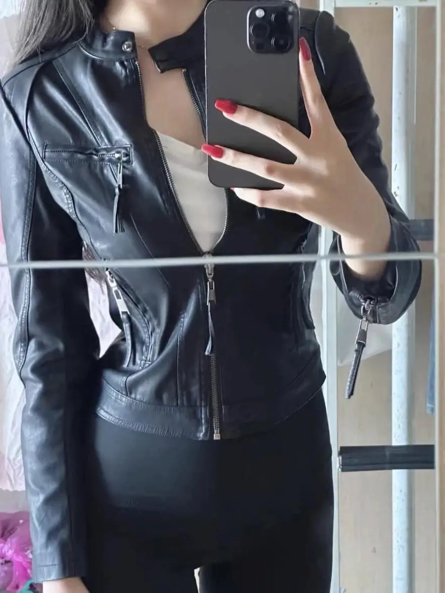 

Сексуальный агент, женский облегающий жилет Pure Bla Distred на молнии из искусственной кожи Jaet Long Sve round Ne Commute Sle